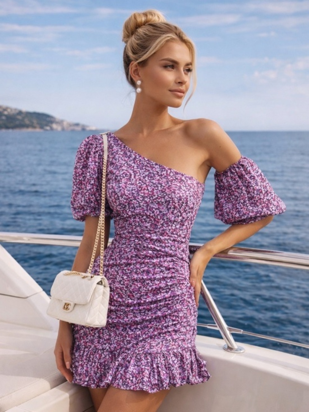 Isabel Marant Étoile Lecia Dress Purple Floral Shoulder Ruched Mini Puff Sleeve